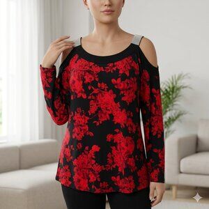 Diana Belle Black & Red Floral Cold Shoulder Top- XL